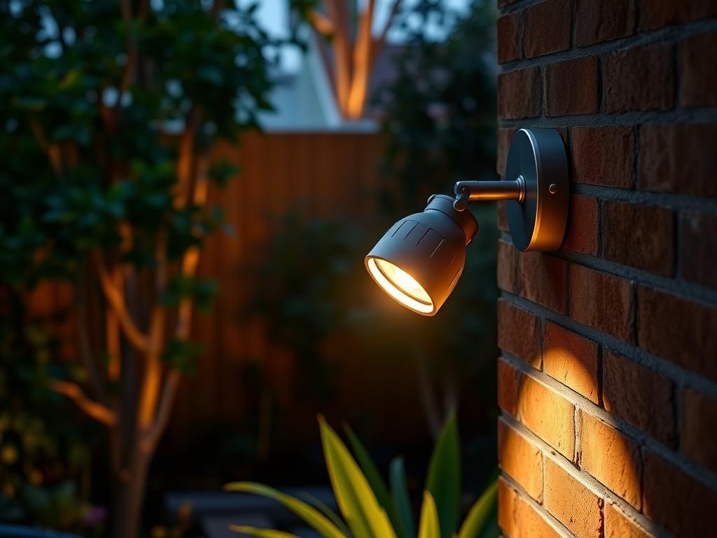 Outdoor security lighting, a sturdy metal fixture with adjustable LED spotlights, mounted on a brick wall in a cozy garden setting. The warm-toned illumination casts a comforting glow, enhancing the serene atmosphere. Lush greenery and earthy tones create a tranquil, natural backdrop. The angle showcases the fixture's sleek, modern design, and intuitive controls for customized lighting. Subtle shadows add depth, highlighting the well-thought-out installation for optimal safety and ambiance. The image conveys a sense of secure, inviting outdoor space ready for evening gatherings.
