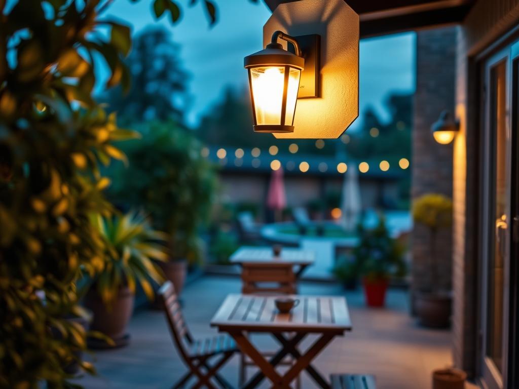 Outdoorleuchte Terrasse: A cozy evening scene on a well-appointed patio, illuminated by a warm and inviting wall-mounted outdoor light. The fixture casts a soft, ambient glow, creating a welcoming atmosphere. The terrace is framed by lush greenery and potted plants, suggesting a harmonious blend of nature and modern living. In the middle ground, a wooden table and chairs invite relaxation, while the background features a subtle, blurred view of a tranquil garden or yard. The lighting is subtle yet effective, enhancing the overall ambiance and making this outdoor space an ideal setting for various social and leisure activities. Outdoorleuchte Terrasse: A cozy evening scene on a well-appointed patio, illuminated by a warm and inviting wall-mounted outdoor light. The fixture casts a soft, ambient glow, creating a welcoming atmosphere. The terrace is framed by lush greenery and potted plants, suggesting a harmonious blend of nature and modern living. In the middle ground, a wooden table and chairs invite relaxation, while the background features a subtle, blurred view of a tranquil garden or yard. The lighting is subtle yet effective, enhancing the overall ambiance and making this outdoor space an ideal setting for various social and leisure activities.