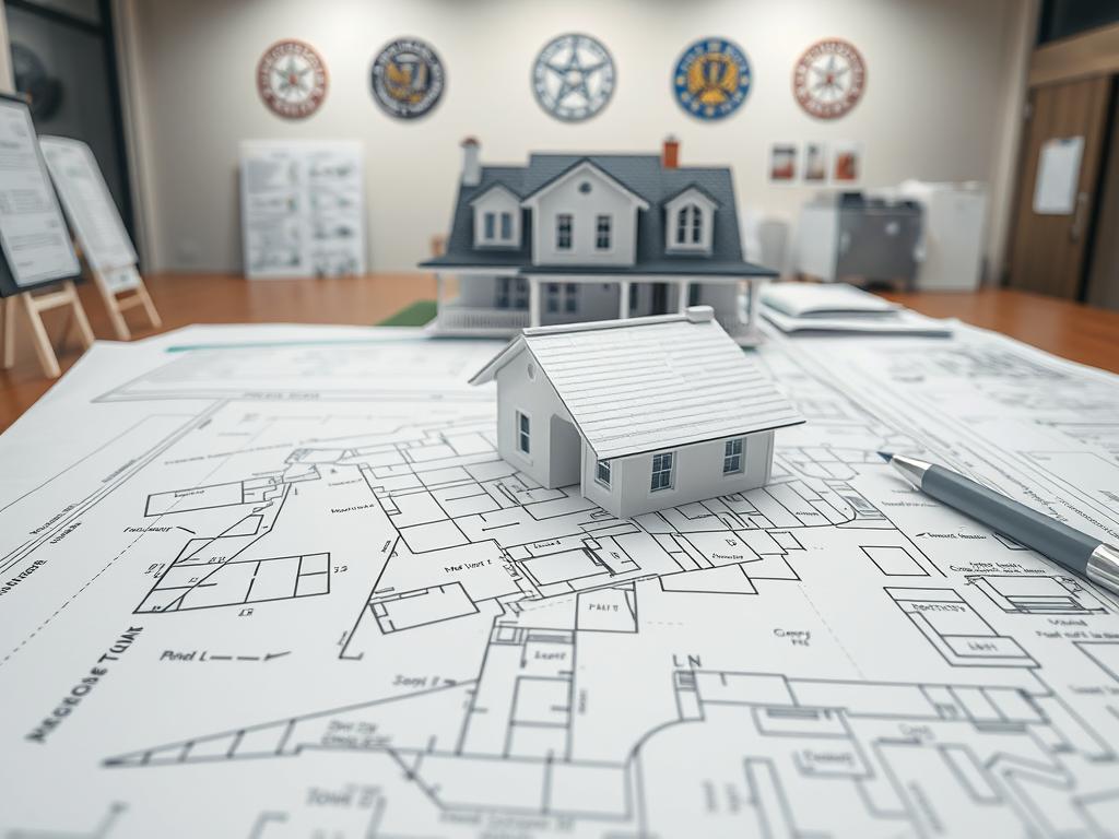 Prompt A detailed architectural planning schematic for a home renovation project, showcasing the various stages of the approval process. In the foreground, a detailed blueprint of the proposed changes to the structure, complete with measurements, material specifications, and zoning requirements. In the middle ground, a 3D rendered model of the home, highlighting the external modifications such as additions, roof alterations, and facade updates. The background features a municipal office setting, with government seals, stamps, and paperwork, conveying the administrative procedures and legal approvals necessary for the renovation. The overall mood is one of careful planning, thorough preparation, and the navigating of bureaucratic processes, reflecting the challenges and diligence required for a successful home remodel.