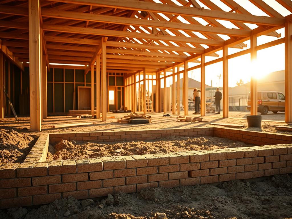 Prompt A serene, sun-drenched construction site of a single-family home in the Bauzeit style. In the foreground, a detailed view of the newly laid foundation, with bricks and mortar meticulously arranged. The middle ground features the framing of the home's structure, with wooden beams and supports forming the skeletal outline. In the background, a neatly organized work area with tools, materials, and the silhouettes of construction workers, conveying the bustling activity of the building process. Warm, golden sunlight filters through, casting soft shadows and highlighting the textures of the materials. The overall scene exudes a sense of progress, efficiency, and the foundational stages of a new home's creation. Prompt A serene, sun-drenched construction site of a single-family home in the Bauzeit style. In the foreground, a detailed view of the newly laid foundation, with bricks and mortar meticulously arranged. The middle ground features the framing of the home's structure, with wooden beams and supports forming the skeletal outline. In the background, a neatly organized work area with tools, materials, and the silhouettes of construction workers, conveying the bustling activity of the building process. Warm, golden sunlight filters through, casting soft shadows and highlighting the textures of the materials. The overall scene exudes a sense of progress, efficiency, and the foundational stages of a new home's creation.