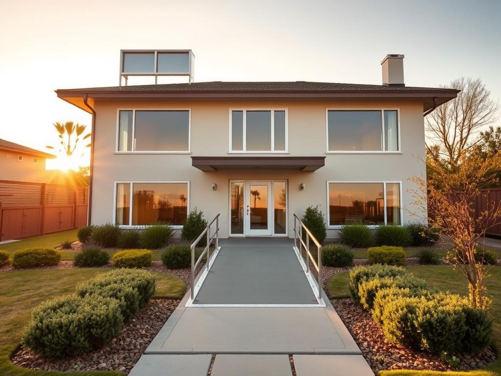 Prompt A three-story, barrier-free house set against a warm, golden sunset. The building features clean, modern lines, with large windows allowing natural light to flood the interior. A wheelchair-friendly ramp leads to the front entrance, blending seamlessly with the overall design. The landscaping is minimal, with well-manicured shrubs and a path of smooth, paved stones guiding visitors to the main door. The scene conveys a sense of accessibility, comfort, and energy-efficient living, reflecting the ideals of a comfortable, accessible home. Prompt A three-story, barrier-free house set against a warm, golden sunset. The building features clean, modern lines, with large windows allowing natural light to flood the interior. A wheelchair-friendly ramp leads to the front entrance, blending seamlessly with the overall design. The landscaping is minimal, with well-manicured shrubs and a path of smooth, paved stones guiding visitors to the main door. The scene conveys a sense of accessibility, comfort, and energy-efficient living, reflecting the ideals of a comfortable, accessible home.