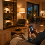 Wohnzimmer mit Smart-Home-Steuerung per App, Sprachassistent und smartem Thermostat