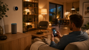 Wohnzimmer mit Smart-Home-Steuerung per App, Sprachassistent und smartem Thermostat