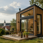 Modernes Tiny House aus Holz mit großen Fenstern auf einem erschlossenen Grundstück in Deutschland
