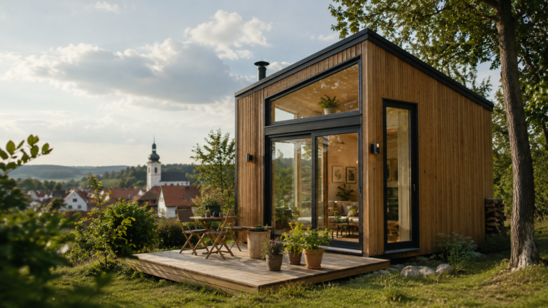Tiny House kaufen in Deutschland – Kosten, Stellplatz & Genehmigung 2 Modernes Tiny House aus Holz mit großen Fenstern auf einem erschlossenen Grundstück in Deutschland