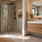 Frisch renoviertes modernes Badezimmer mit bodengleicher Dusche