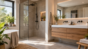 Frisch renoviertes modernes Badezimmer mit bodengleicher Dusche