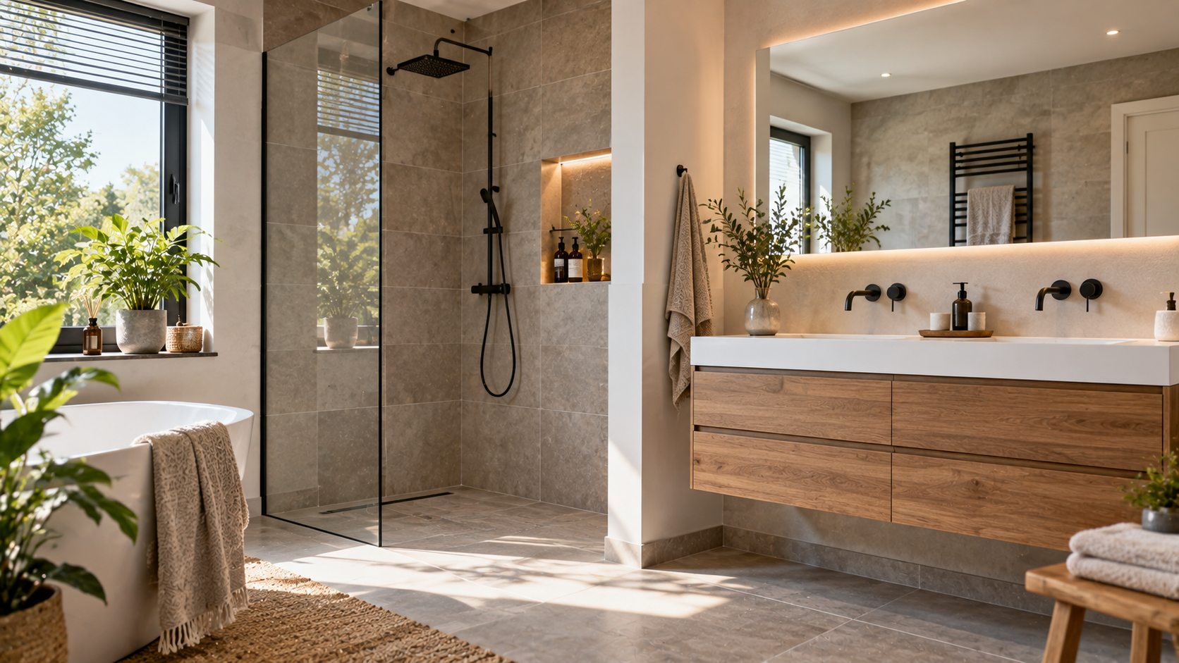 Frisch renoviertes modernes Badezimmer mit bodengleicher Dusche