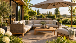 Gartenlounge aus Teak und Polyrattan auf einer Terrasse als Gartenmöbel aus Holland