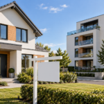 Haus und Wohngebäude mit Verkaufsschild als Symbol für den Immobilienverkauf