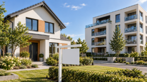 Haus und Wohngebäude mit Verkaufsschild als Symbol für den Immobilienverkauf