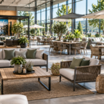 Großer Gartenmöbel-Ausstellungsraum mit Lounge- und Essgruppen sowie Sonnenschirmen