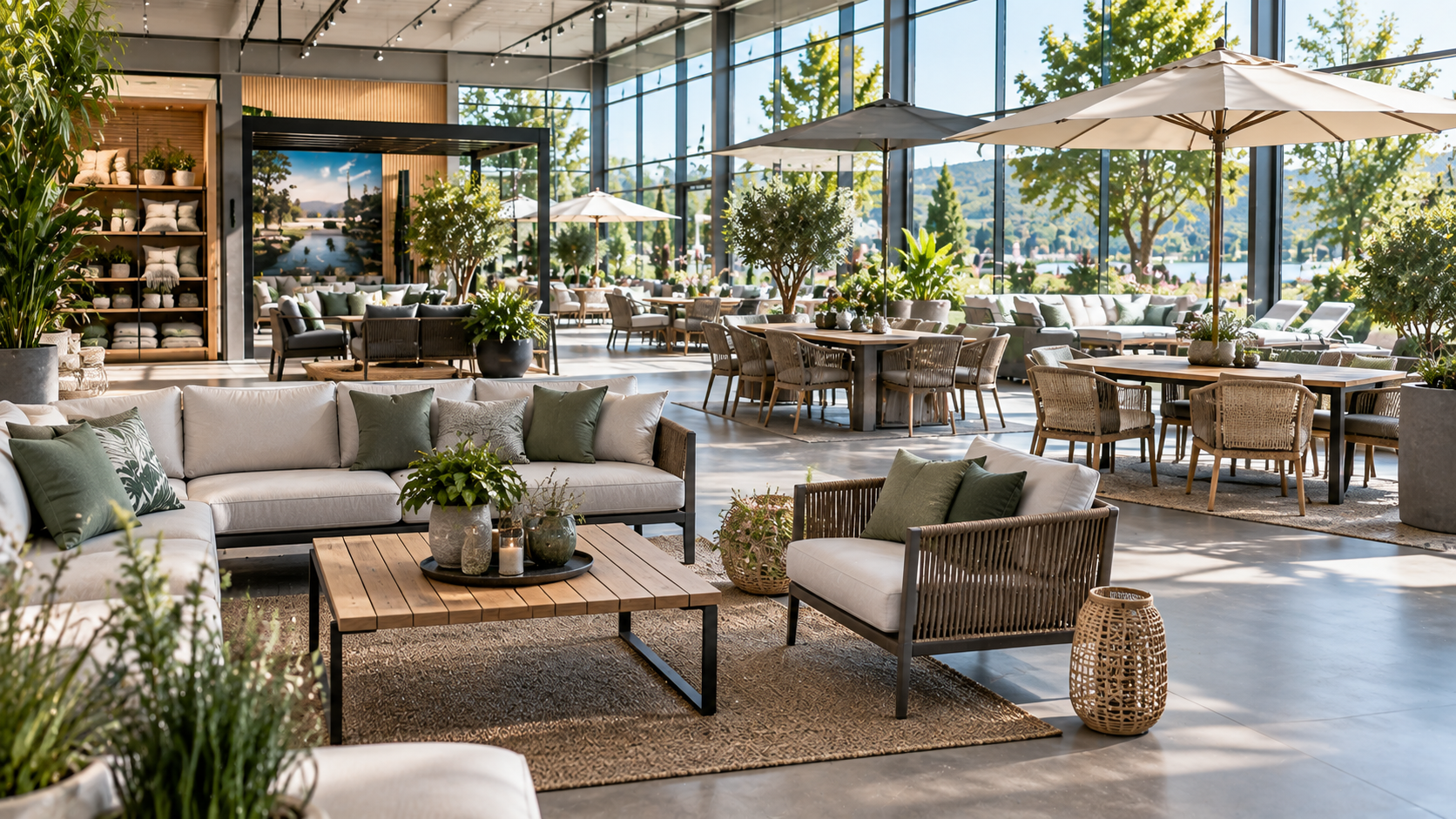 Großer Gartenmöbel-Ausstellungsraum mit Lounge- und Essgruppen sowie Sonnenschirmen