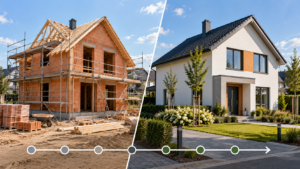 Einfamilienhaus im Bau und fertiggestellt als Symbol für die Bauzeit eines Hausbaus