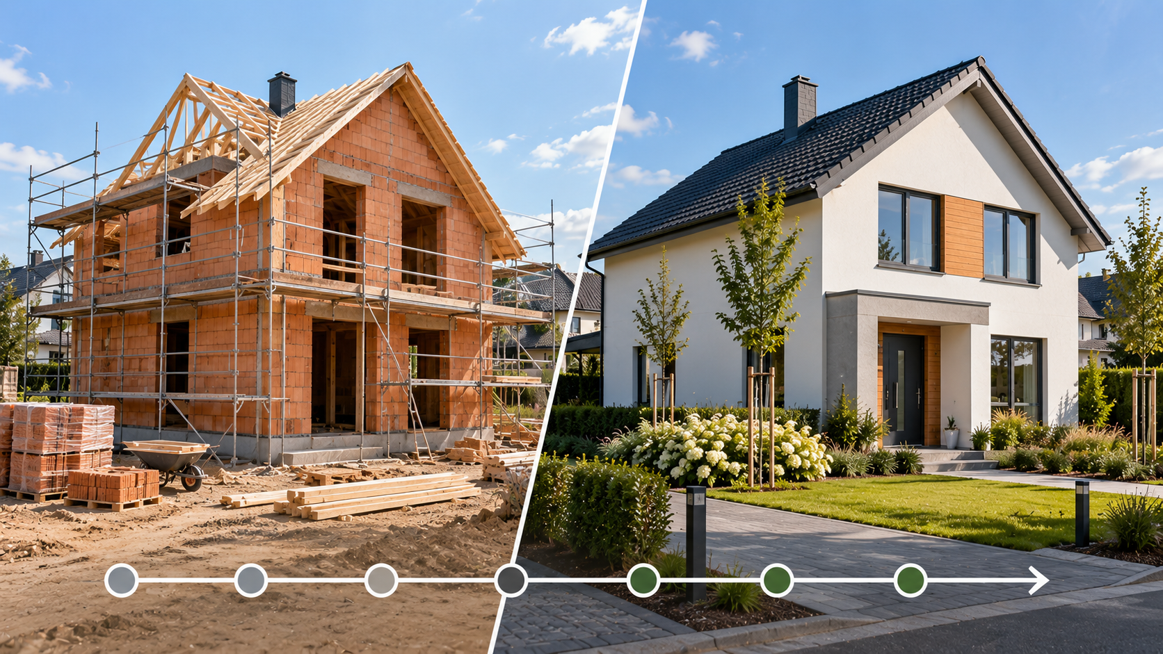 Einfamilienhaus im Bau und fertiggestellt als Symbol für die Bauzeit eines Hausbaus